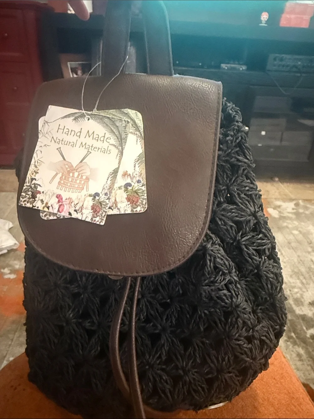 Hand Made Natural Materials Black Crochet Backpack Purse